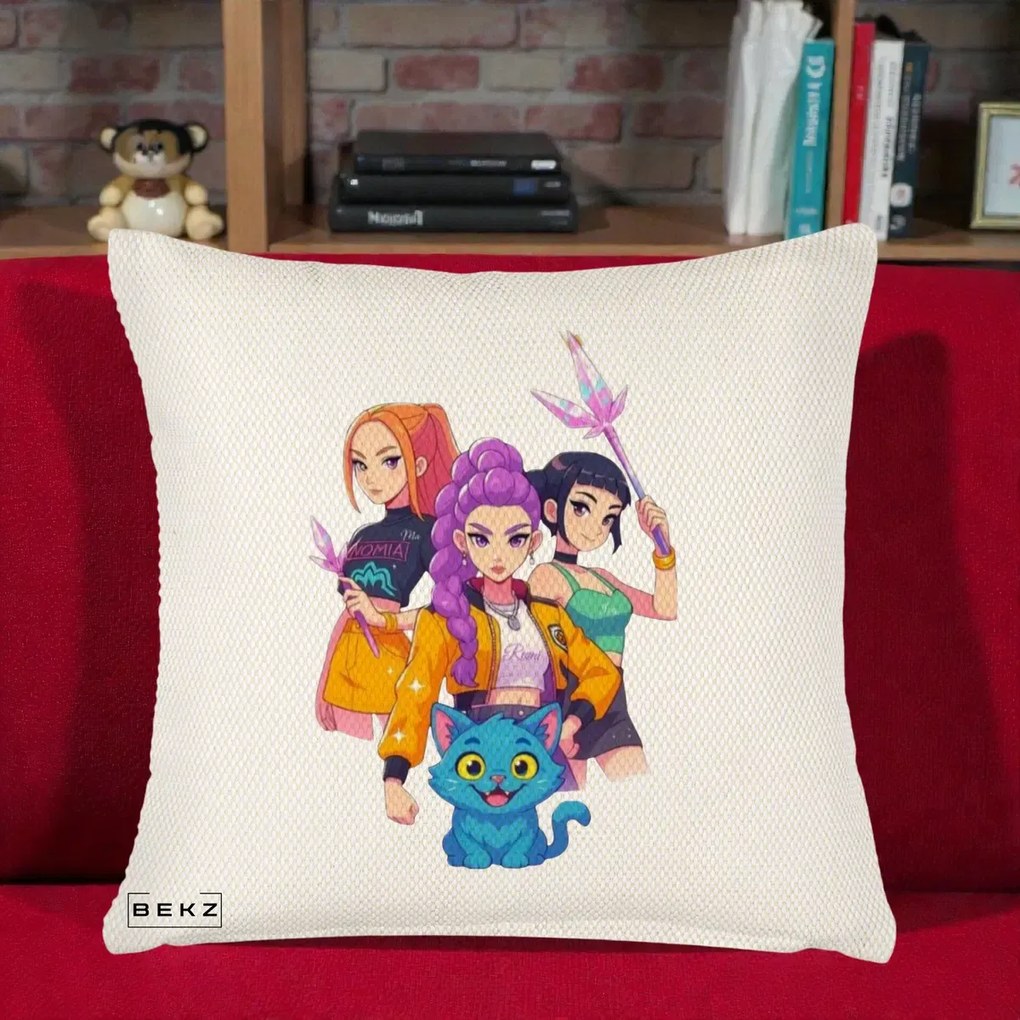Perna Personalizata K-pop HUNTRX Trio cu Pisica si Cristale, 40x40 cm, Crem Reliefat, Husa Detasabila, Perna Inclusa, BEKZ®