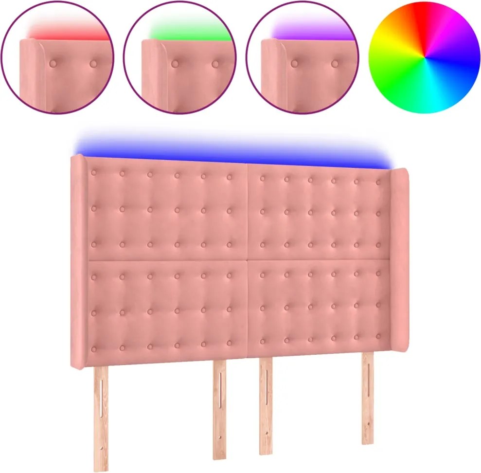 vidaXL Tăblie de pat cu LED, roz, 147x16x118/128 cm, catifea