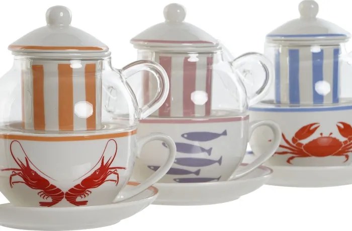 Set ceainic și cană din sticlă și porțelan cu motive marine, 250 ml, 16,5×13,5×14 cm, „Aigua"