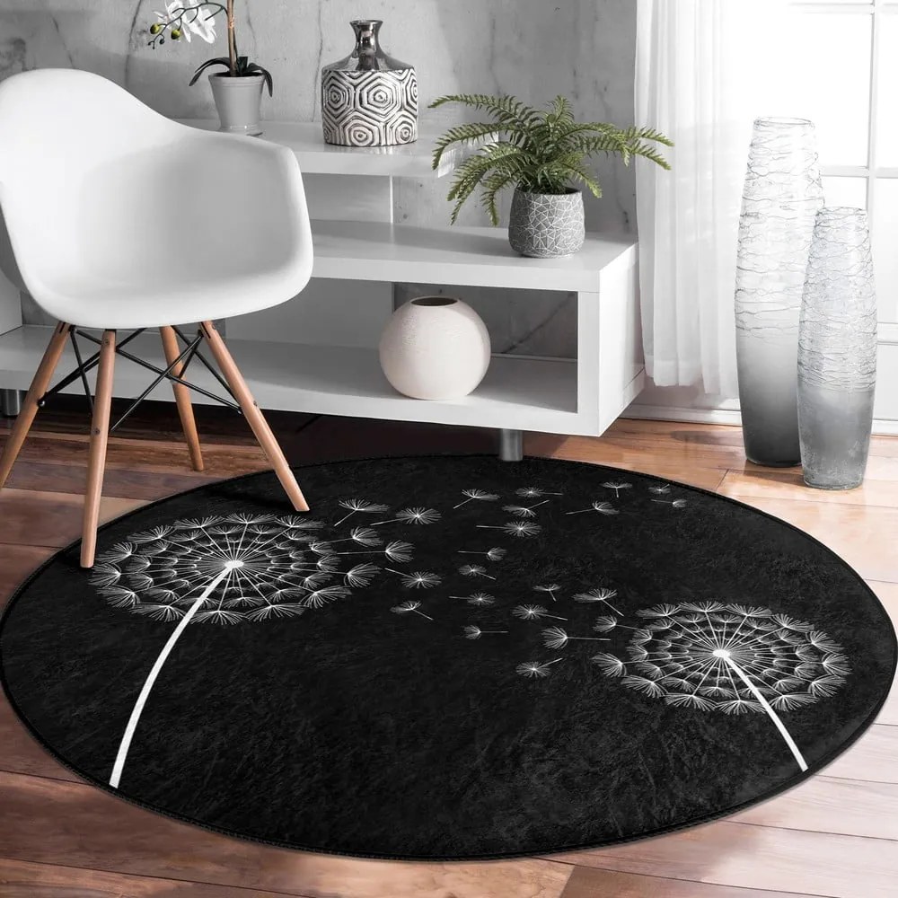 Covor rotund negru lavabil adecvat și pentru aspiratoare robot ø 100 cm Comfort – Mila Home