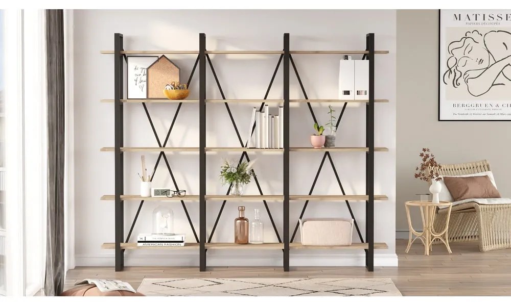 Bibliotecă negru/natural cu aspect de lemn de stejar 218x180 cm Aviva – Marckeric