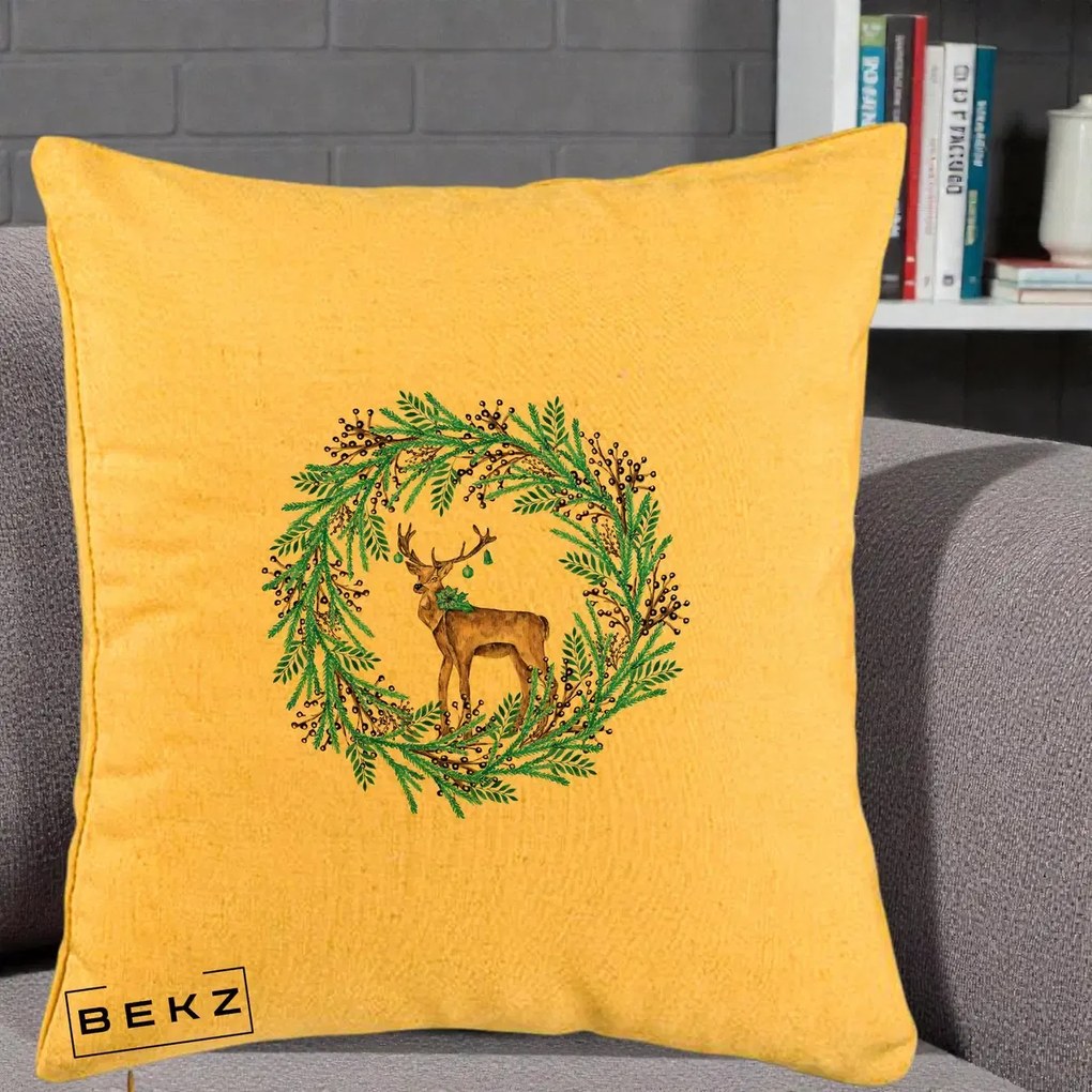 Perna Decorativa Coroana Turcoaz cu Ren, 40x40 cm, Galben, Husa Detasabila, Perna Inclusa, BEKZ®
