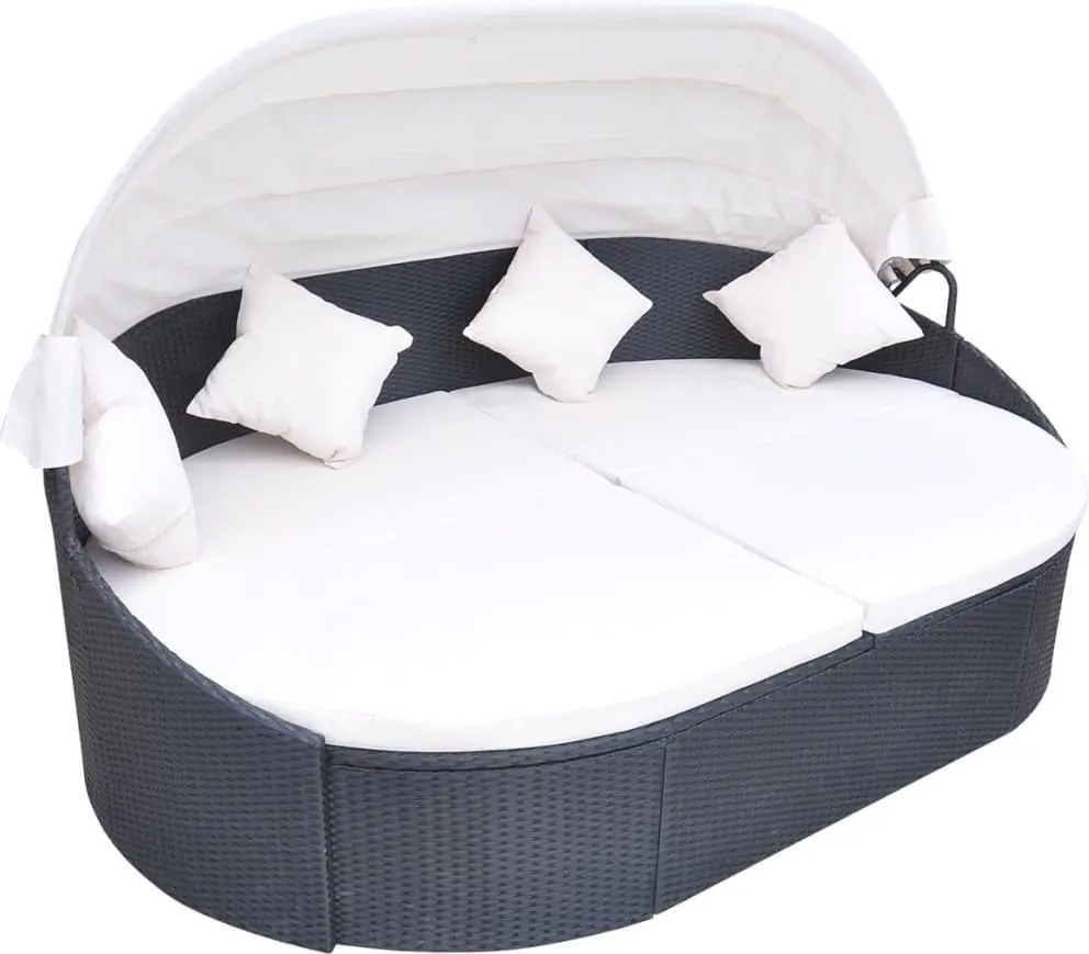 vidaXL Pat șezlong de exterior cu baldachin, negru, poliratan