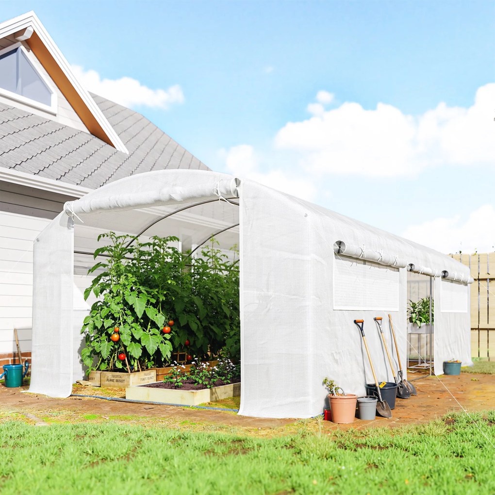 Outsunny Seră tunel 6x3x2 m cu 3 uși rulou, 6 ferestre cu plasă și structură din oțel galvanizat, alb | Aosom Romania