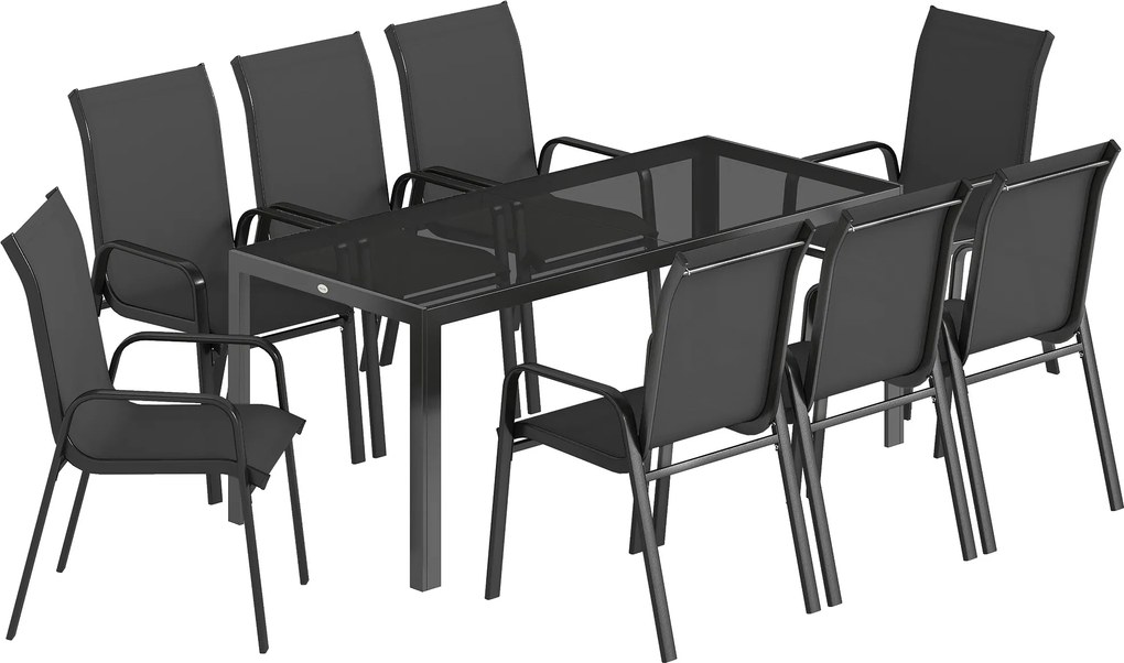 Outsunny Set de Masă de Grădină 9 Piese, Masă și Scaune pentru 8 Persoane, Set Exterior cu Blat din Sticlă Temperată, Negru | Aosom Romania