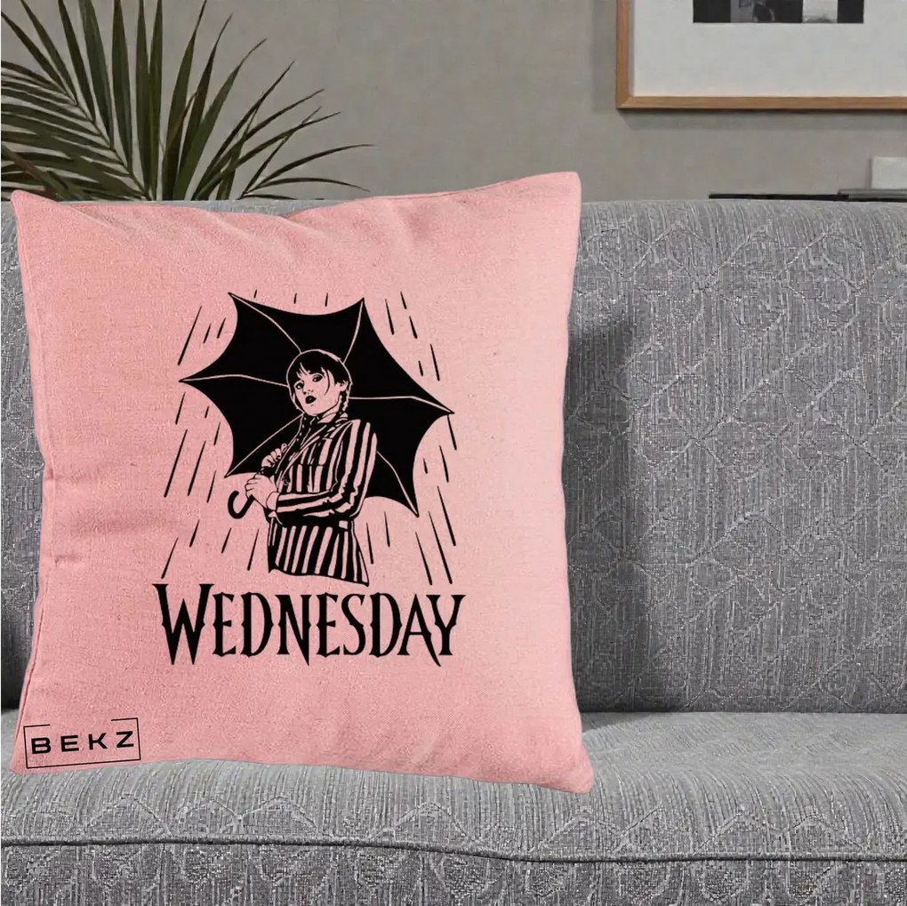 Perna Personalizata Wednesday cu Umbrela Ploaie Lineart, 40x40 cm, Roz, Husa Detasabila, Perna Inclusa, BEKZ®