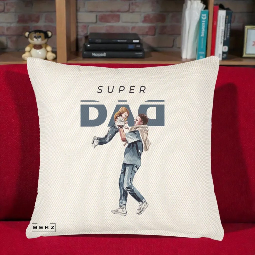 Cadou pentru Tata - Perna Personalizata Super DAD Tata si Fiica, 40x40 cm, Crem Reliefat, Husa Detasabila, Perna Inclusa, BEKZ®