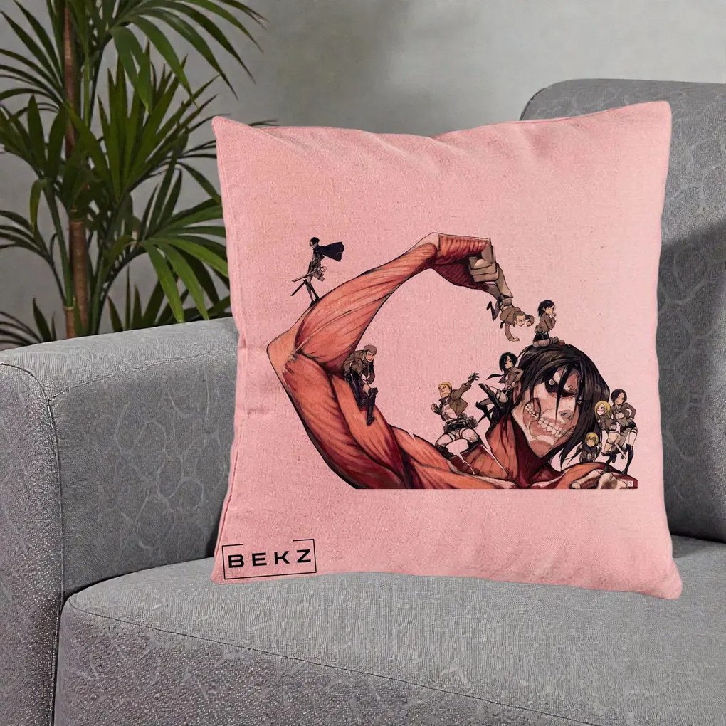 Perna Personalizata Attack on Titan Eren Titan Grup, 40x40 cm, Roz, Husa Detasabila, Perna Inclusa, BEKZ®