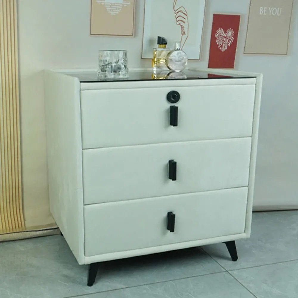 Noptieră inteligentă multifuncțională, 3 sertare, blocare cu amprentă, LED-uri tactile, 3 tipuri de culoare, încărcare fără fir, Difuzor Bluetooth, incarcare USB, sticla securizata, catifea, Bej