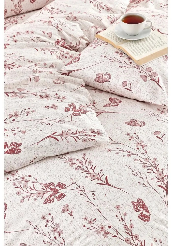 Lenjerie de pat bej pentru pat dublu, extinsă cu cearceaf inclus, cu 4 piese 200x220 cm Floral Butterfly – Mila Home