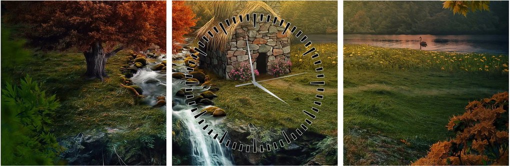 Tablou cu căbănuță în peisaj de poveste (cu ceas) (90x30 cm)