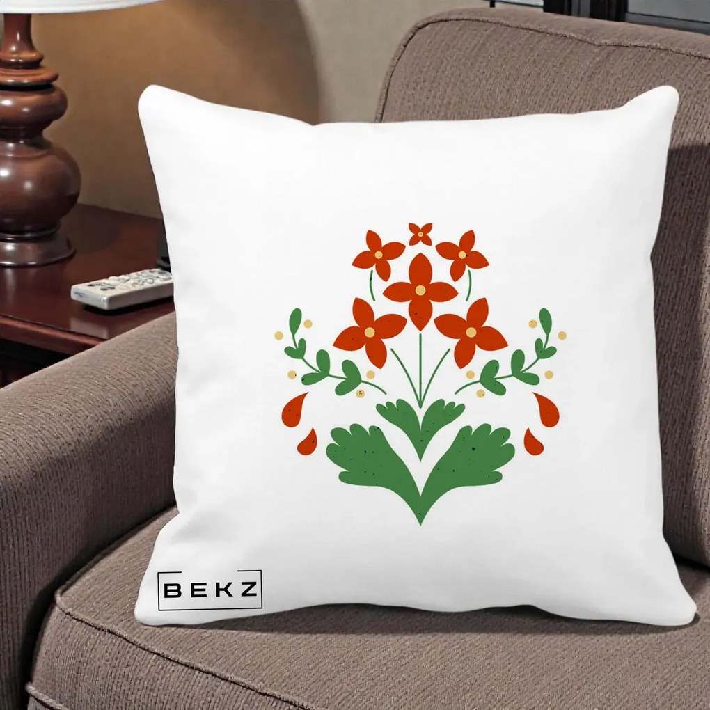 Perna Decorativa Buchet Floral Folk Rosu-Verde, 40x40 cm, Alba Mata, Husa Detasabila, Perna Inclusa, BEKZ®