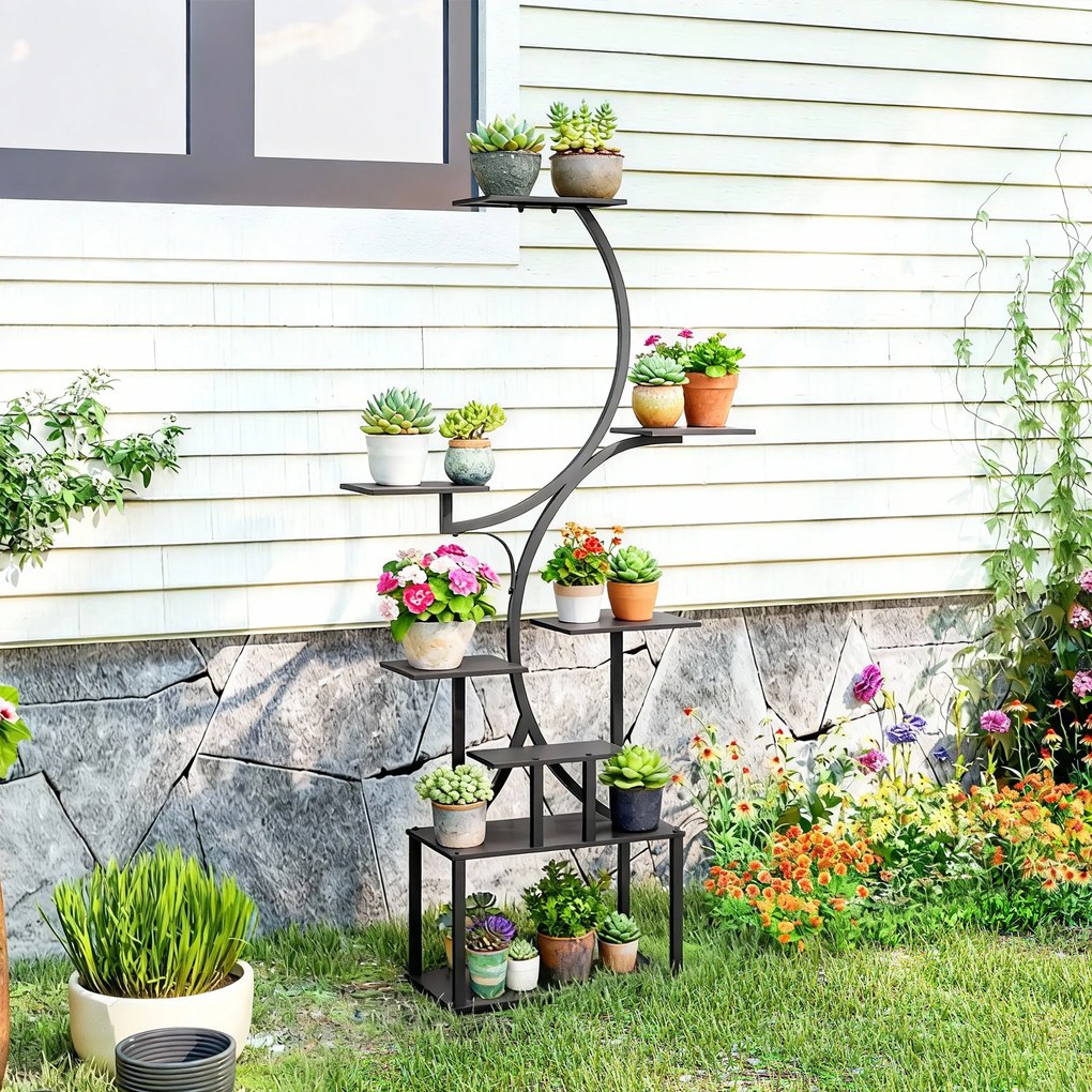 Outsunny Suport pentru Plante cu 8 Rafturi în Formă de S, Suport Ghivece Metalic pentru Interior și Exterior, pentru Grădină, Balcon, Terasă, Cameră de Zi, 74x26x158,5 cm, Negru | Aosom Romania