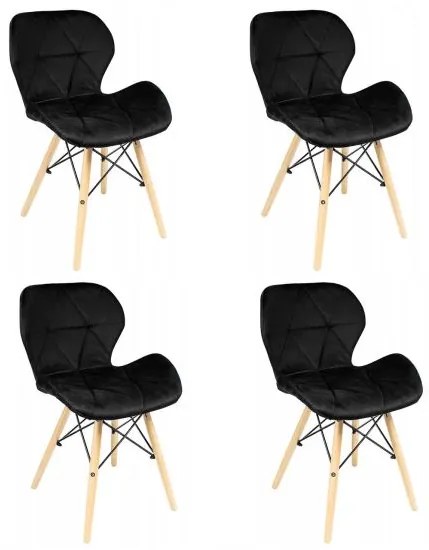 Scaune stil scandinav, catifea, lemn, negru si natur, set 4 buc, 46x50x73 cm