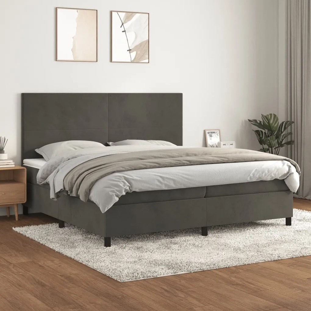 vidaXL Pat box spring cu saltea, gri închis, 200x200 cm, catifea