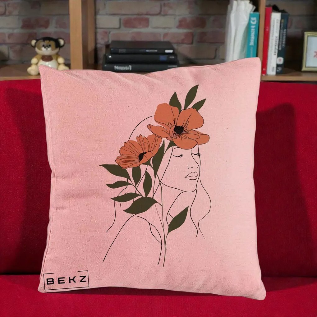 Perna Decorativa Portret Feminin Doua Maci Terracotta, 40x40 cm, Roz, Husa Detasabila, Perna Inclusa, BEKZ®