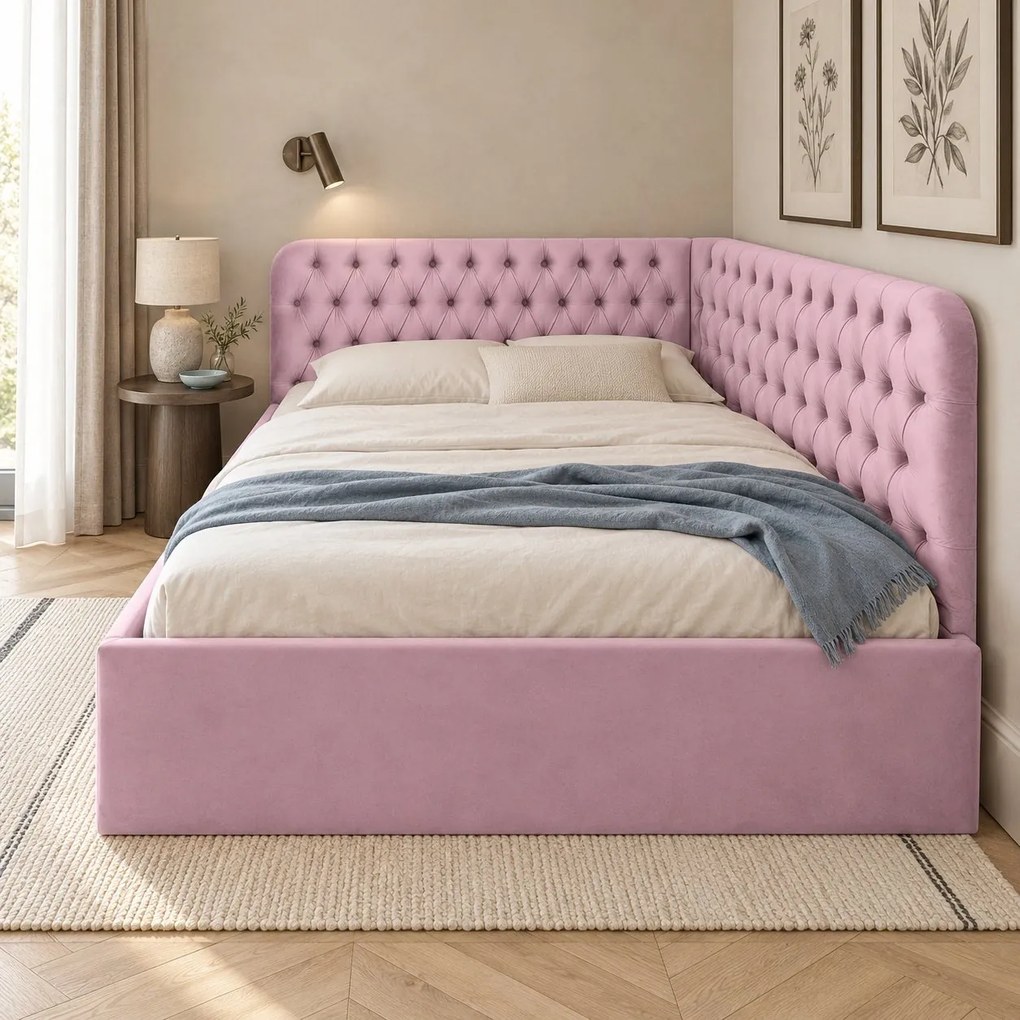 Pat tapițat pentru copii din catifea Elyra 140×200 cm, roz, colț dreapta, cu ladă de depozitare
