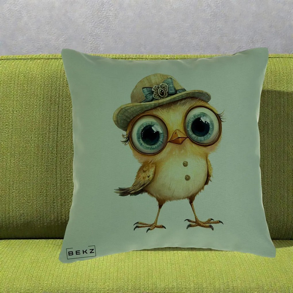 Perna Decorativa Pui Elegant cu Palarie Teal, 40x40 cm, Verde, Husa Detasabila, Perna Inclusa, BEKZ®