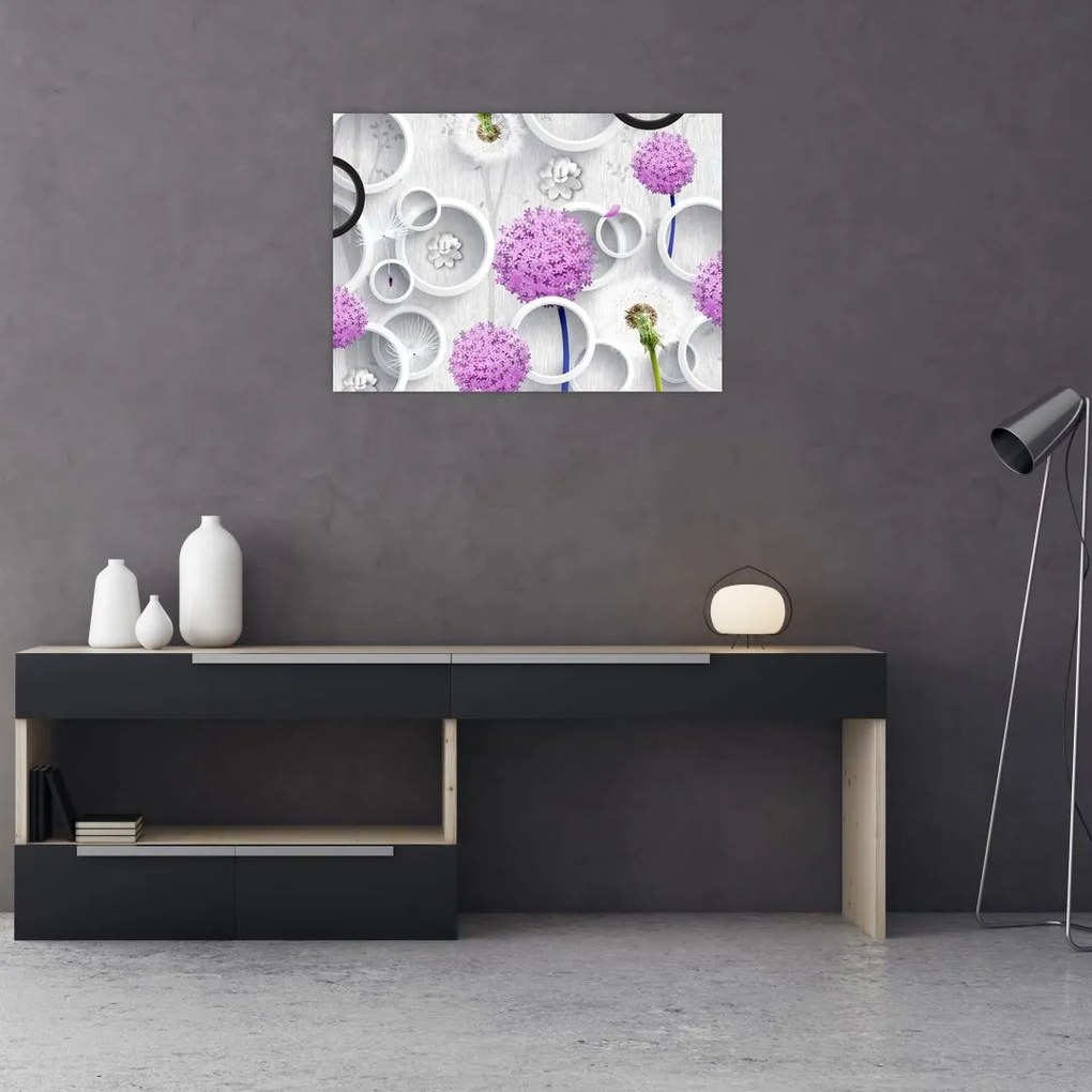 Tablou cu abstracție 3D cu cercuri și flori (70x50 cm)