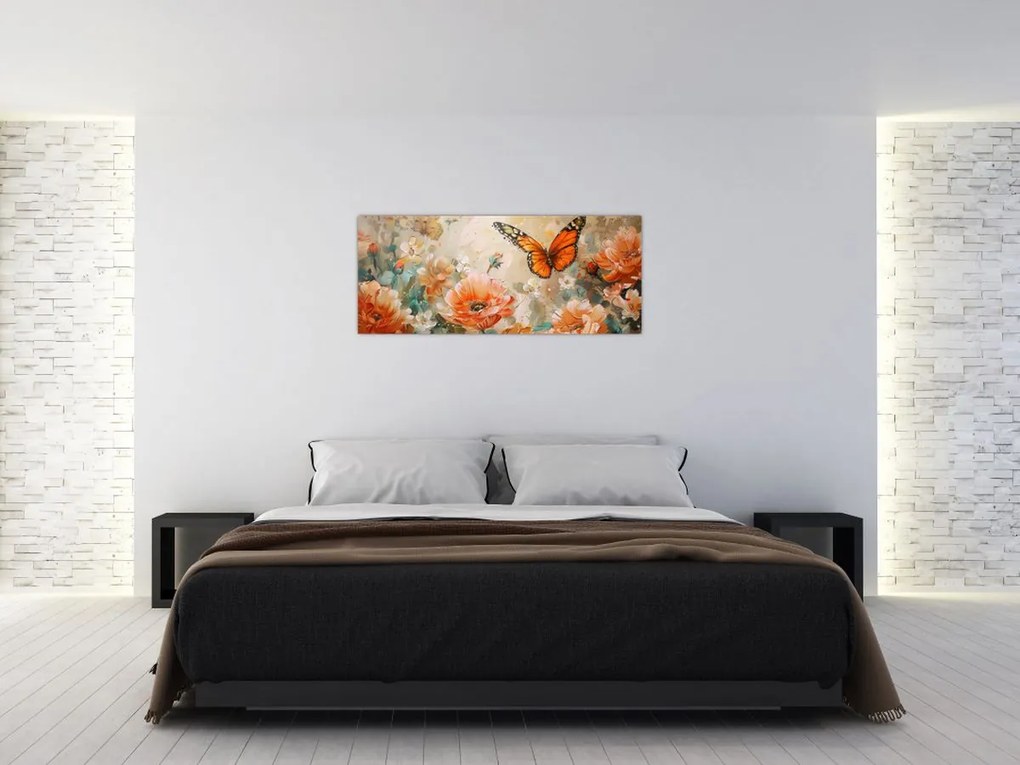 Tablou - Fluture și flori, pictură în ulei (120x50 cm)