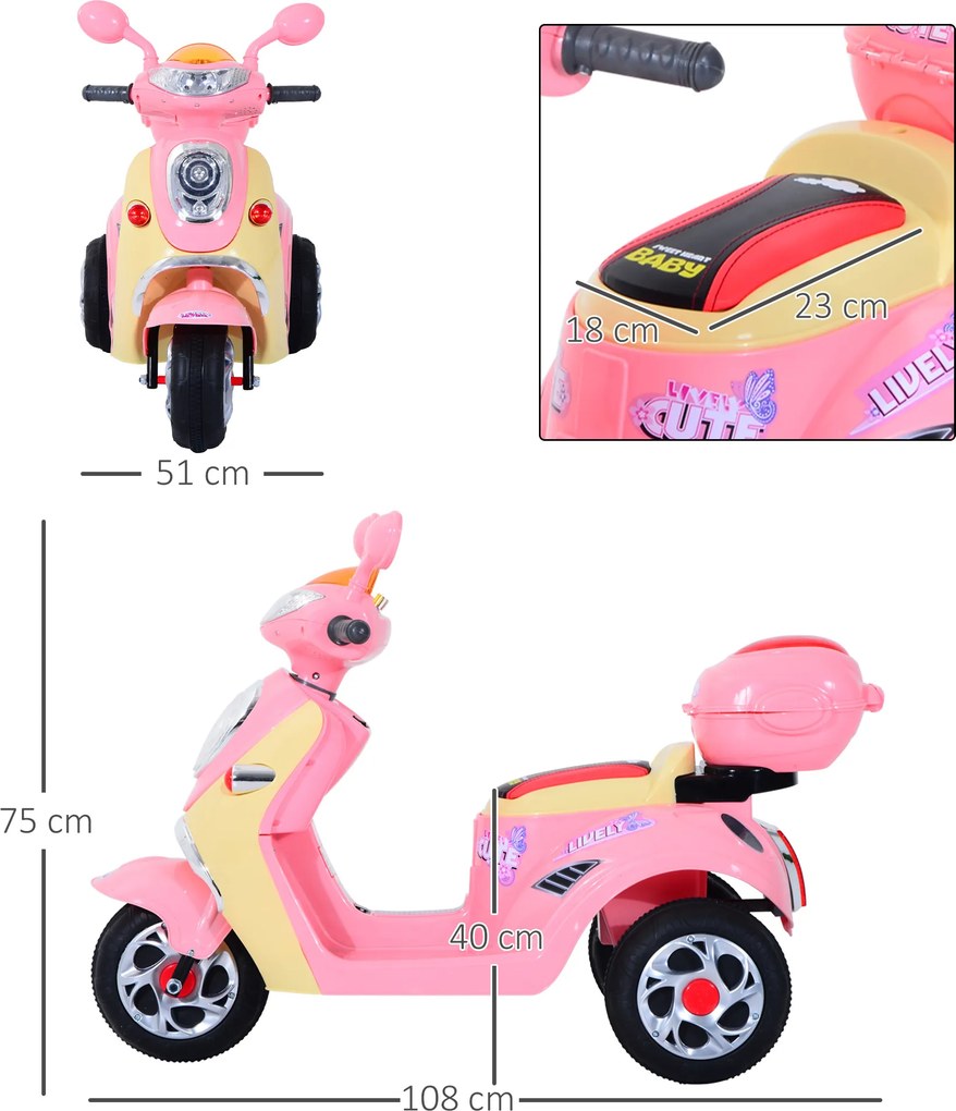 HOMCOM motocicleta electrica copii, tricicleta electrică roz, cu lumini, 6V | Aosom Romania