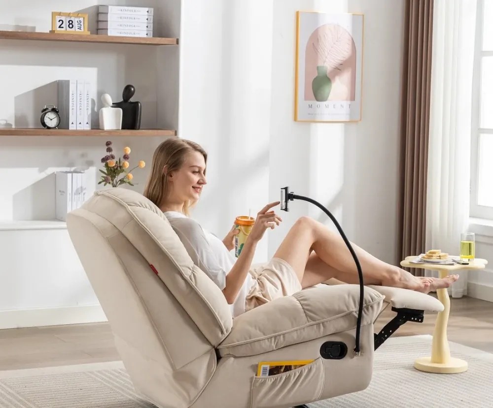 Fotoliu Recliner, suport picioare extensibil, suport telefon, Textil, Alb