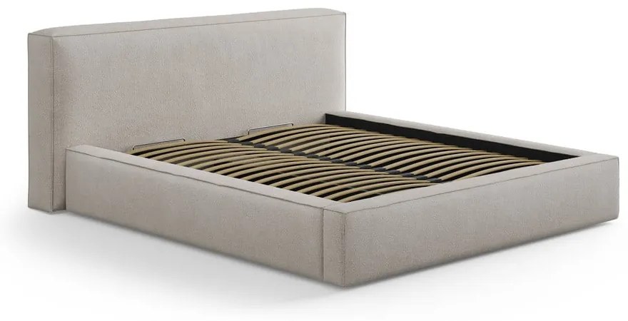 Pat matrimonial gri deschis tapițat cu spațiu de depozitare cu somieră 200x200 cm Simon Olivia – Micadoni