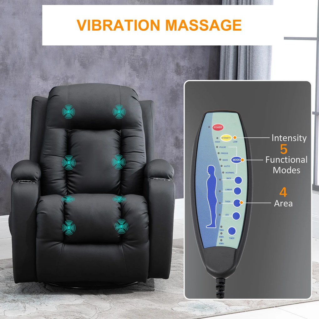 HOMCOM Fotoliu Relax pentru Masaj Rabatabil din Imitatie de Piele Bej cu 8 Puncte de Masaj si Telecomanda, 85x94x104cm, Negru | AOSOM RO