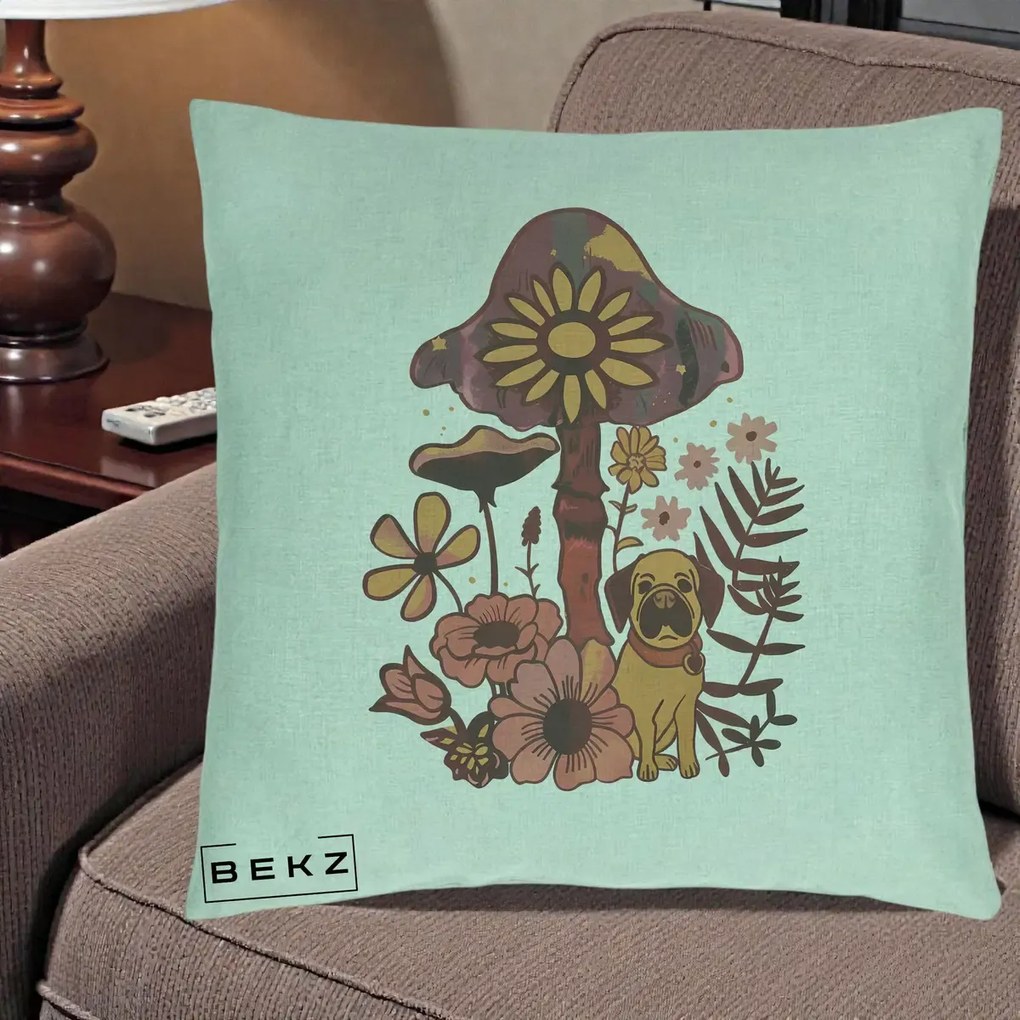 Perna Decorativa Ciuperca Caine Boho, 40x40 cm, Verde Menta, Husa Detasabila, Perna Inclusa, BEKZ®