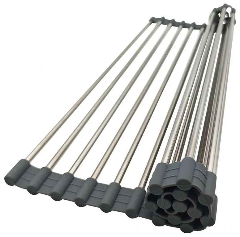 Uscator pentru vase pliabil Kinghoff KH 1903, 45x32 cm, Rezistent la coroziune, Margini din silicon, Antiderapant, Pliabil, Inox/gri