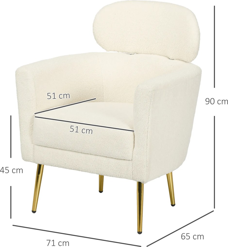 HOMCOM Fotoliu de living cu tetieră detașabilă, fotoliu crapaud din pluș teddy, picioare metalice, 71 x 65 x 90 cm, crem | Aosom Romania