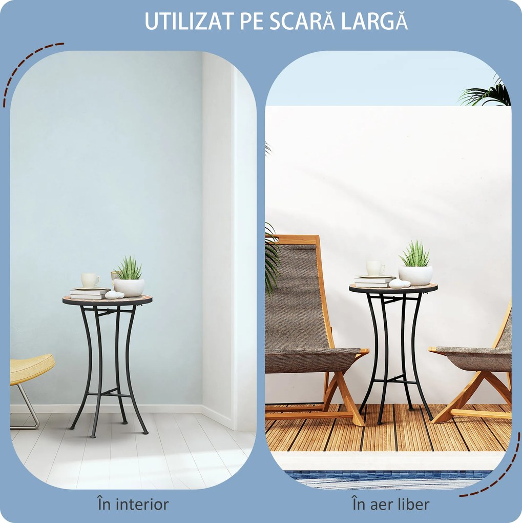 Outsunny Masă Rotundă Laterală Ø35,5cm – Masă de Patio Impermeabilă cu Design Mozaic, Măsuță din Metal pentru Living, Birou, Interior și Exterior – Galben și Gri | Aosom Romania