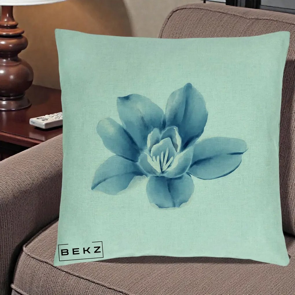 Perna Decorativa Magnolie Albastra Acuarela, 40x40 cm, Verde Menta, Husa Detasabila, Perna Inclusa, BEKZ®