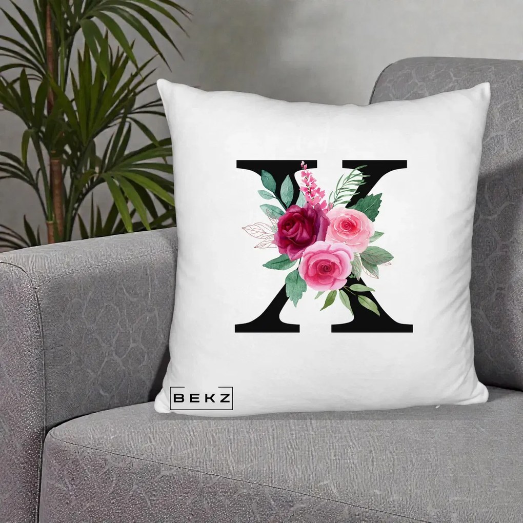 Cadou Personalizat - Perna Personalizata Monograma Florala Litera X cu Buchet, 40x40 cm, Alb Pufos, Husa Detasabila, Perna Inclusa, BEKZ®