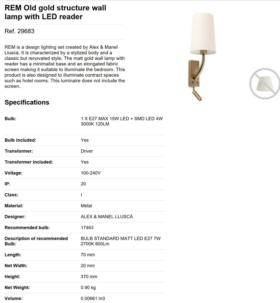 Aplica perete cu reader LED design clasic REM auriu/alb
