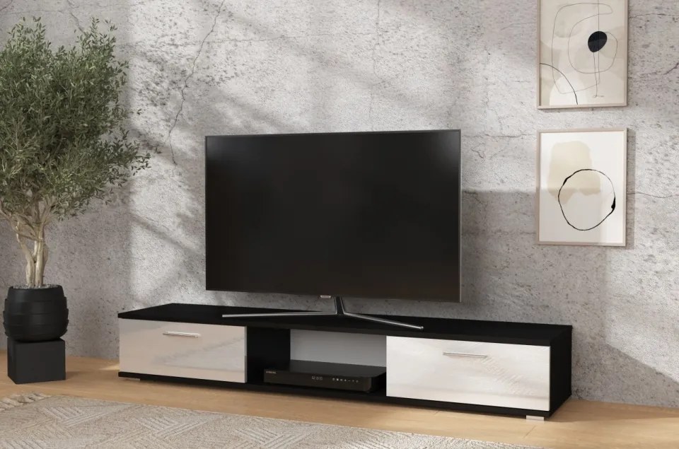 Comodă TV, 176x40x28, Sella, ADRK Furniture (Culoare: Negru Mat / Alb Lucios)