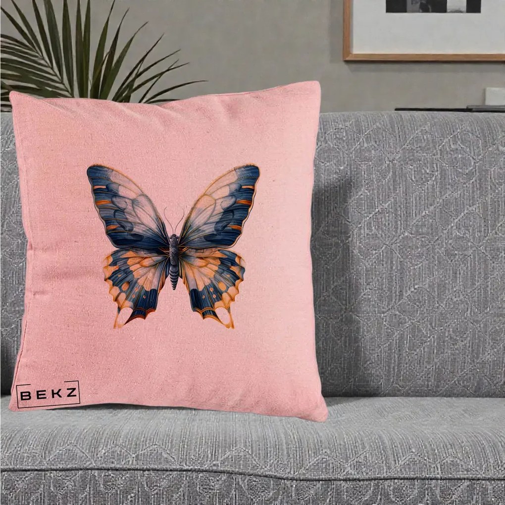 Perna Decorativa Fluture Albastru Auriu Elegant, 40x40 cm, Roz, Husa Detasabila, Perna Inclusa, BEKZ®