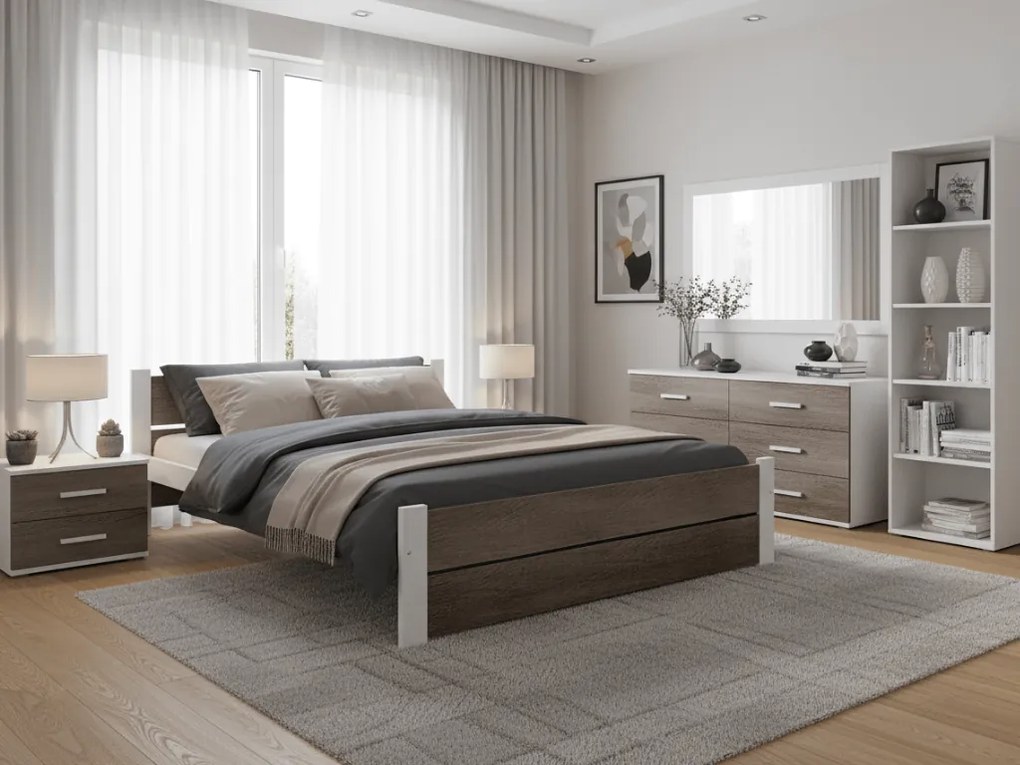 Pat de o persoana alb/stejar trufa, IKAROS DOUBLE 120 x 200 cm Saltele: Cu saltele Coco Maxi 20 cm, Somiera pat: Cu lamele curbate