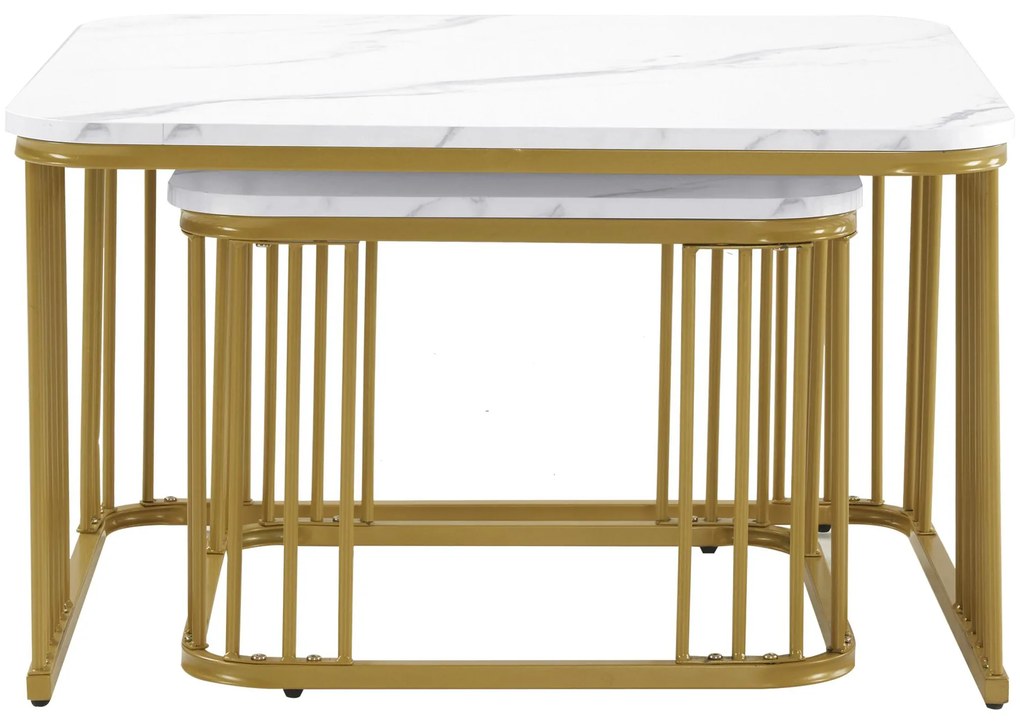 Set de 2 măsuțe pătrate din marmură lucioasă, măsuțe suprapozabile cu picioare aurii, 70×70×45 cm și 50×50×36,5 cm, Alb