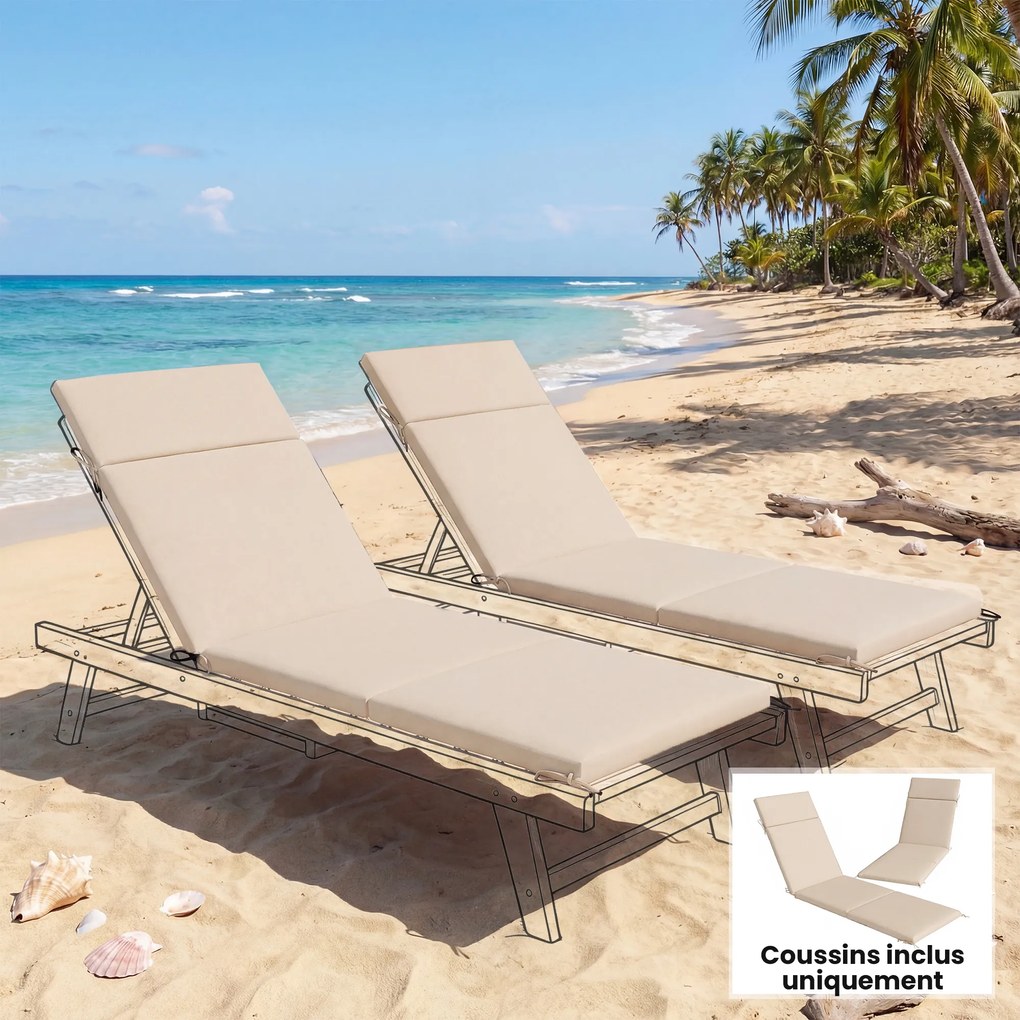 Outsunny Set de 2 perne pentru șezlong, pernă de soare cu 6 prinderi, rezistență UV, 183x53,5x6,5cm, crem | Aosom Romania