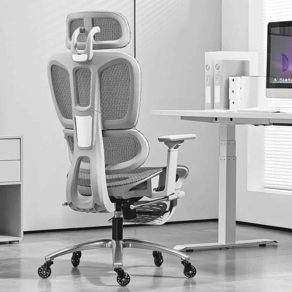 METACHAIR Scaun ergonomic, cotiere 3D, suport picioare, Full Mesh, Gri ...