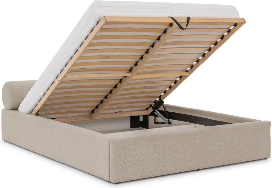 Pat matrimonial bej tapițat cu spațiu de depozitare cu somieră 140x200 cm Cille – Ropez