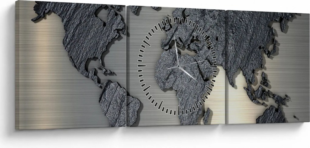 Tablou - Harta lumii în textura de piatră (cu ceas) (90x30 cm)