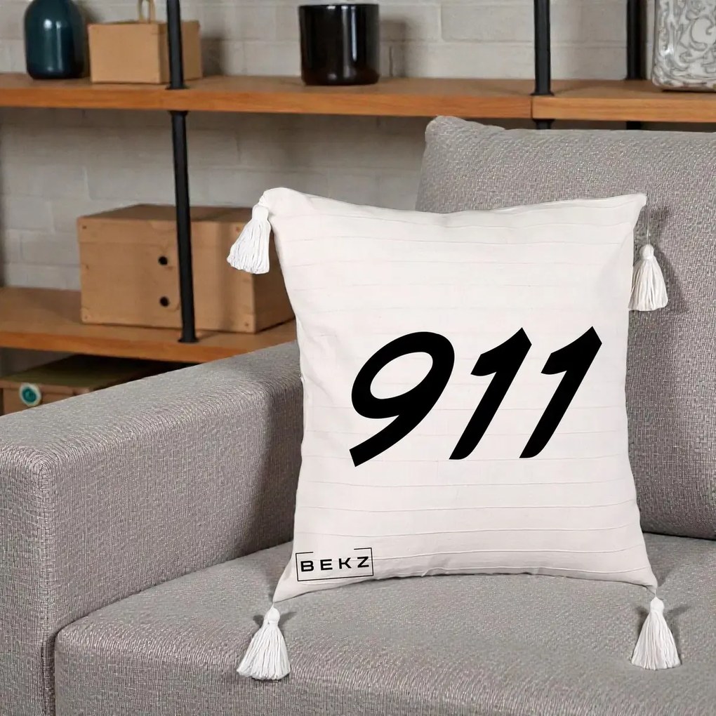 Perna Personalizata 911 Bold, 40x40 cm, Bej cu Franjuri, Husa Detasabila, Perna Inclusa, BEKZ®