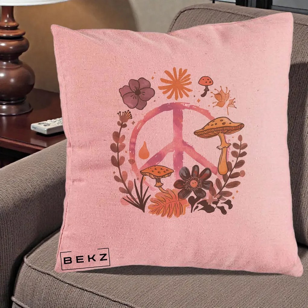 Perna Decorativa Peace Ciuperci Boho, 40x40 cm, Roz, Husa Detasabila, Perna Inclusa, BEKZ®