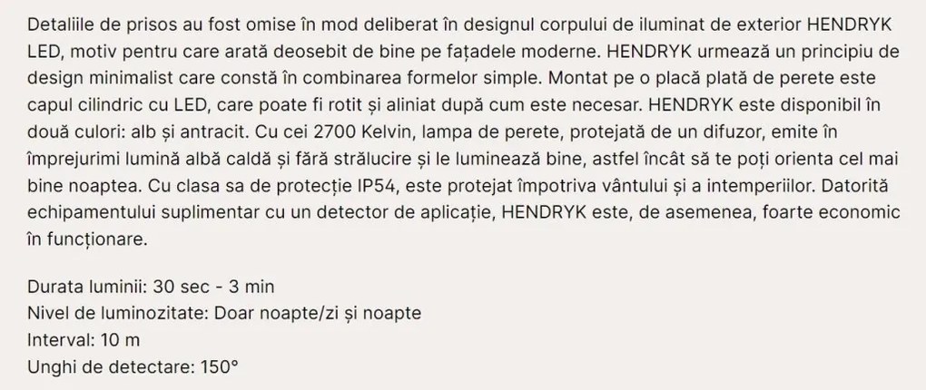 Aplica LED de exterior cu senzor de miscare IP54 HENDRYK alba