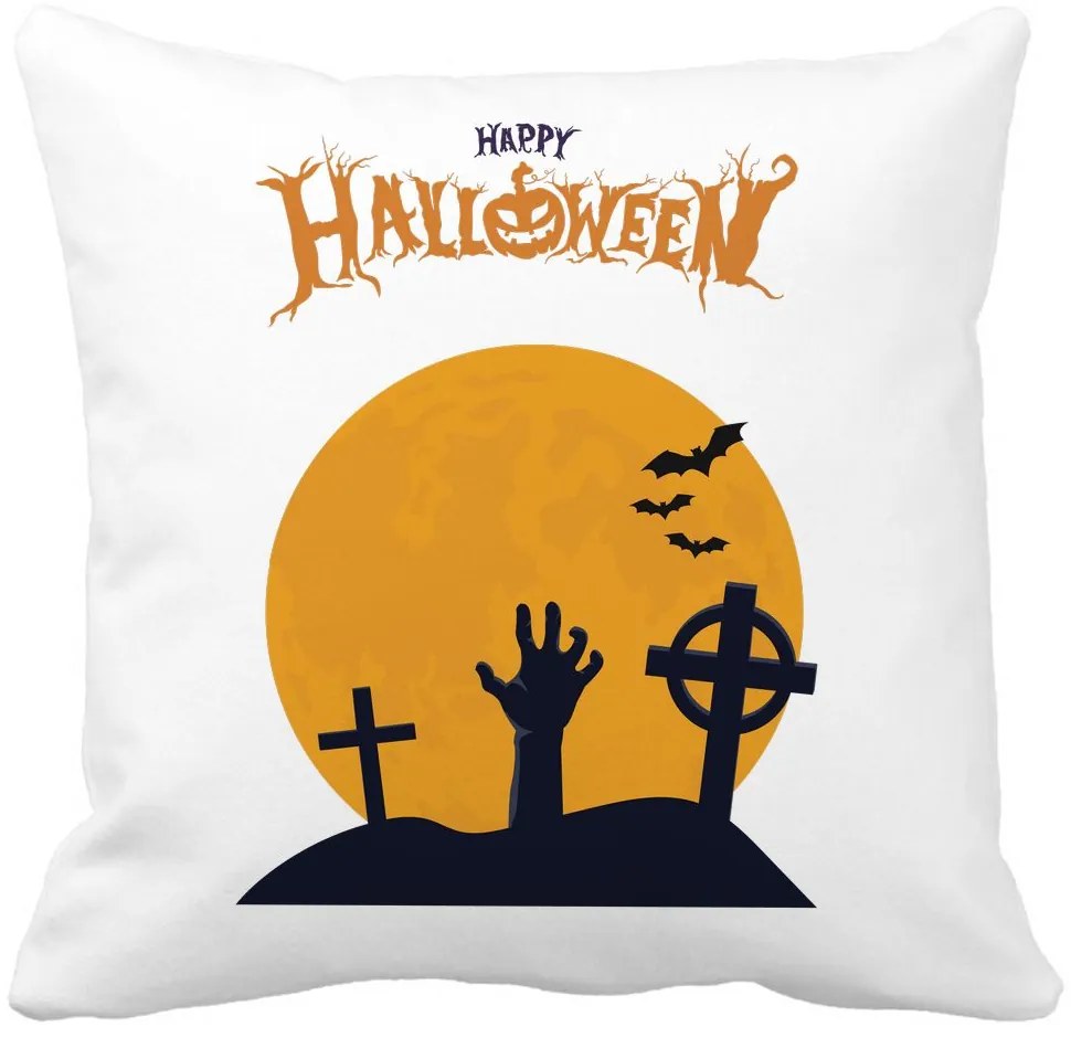 Perna Decorativa cu motiv de Halloween 2, 40x40 cm, Alba, Mata, Husa Detasabila, Burduf