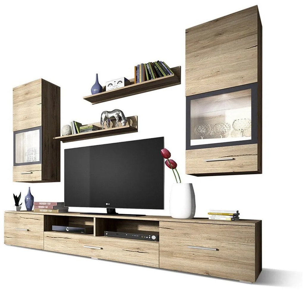Mobilă pentru sufragerie Austin 104Stejar san remo, Antracit, Cu comodă tv, Cu componente suplimentare, Părți separate, PAL laminat, Sticlă călită, 210x40cm