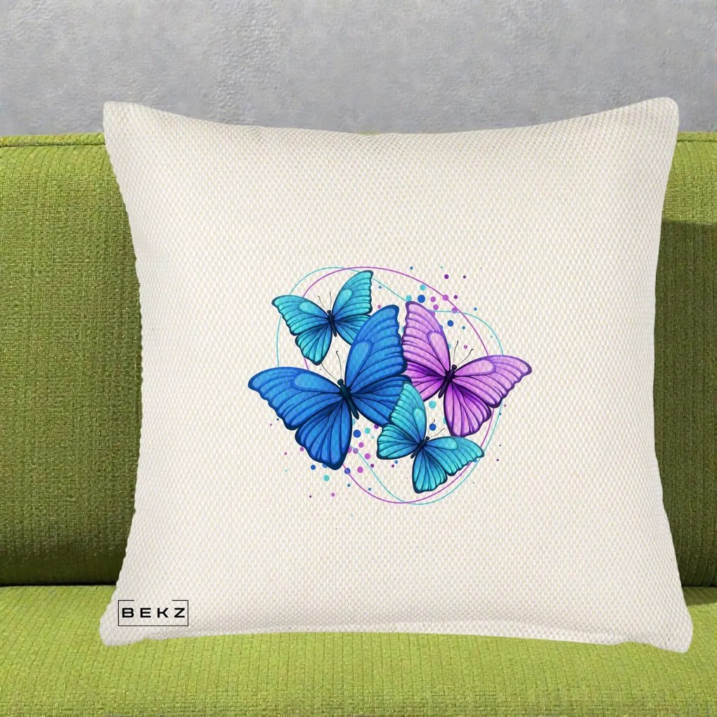 Perna Decorativa Patru Fluturi Turcoaz-Violet, 40x40 cm, Crem Reliefat, Husa Detasabila, Perna Inclusa, BEKZ®