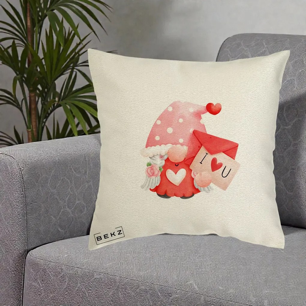 Cadou Romantic - Perna Personalizata I Love You Gnome Valentine cu Scrisoare, 40x40 cm, Ecru, Husa Detasabila, Perna Inclusa, BEKZ®